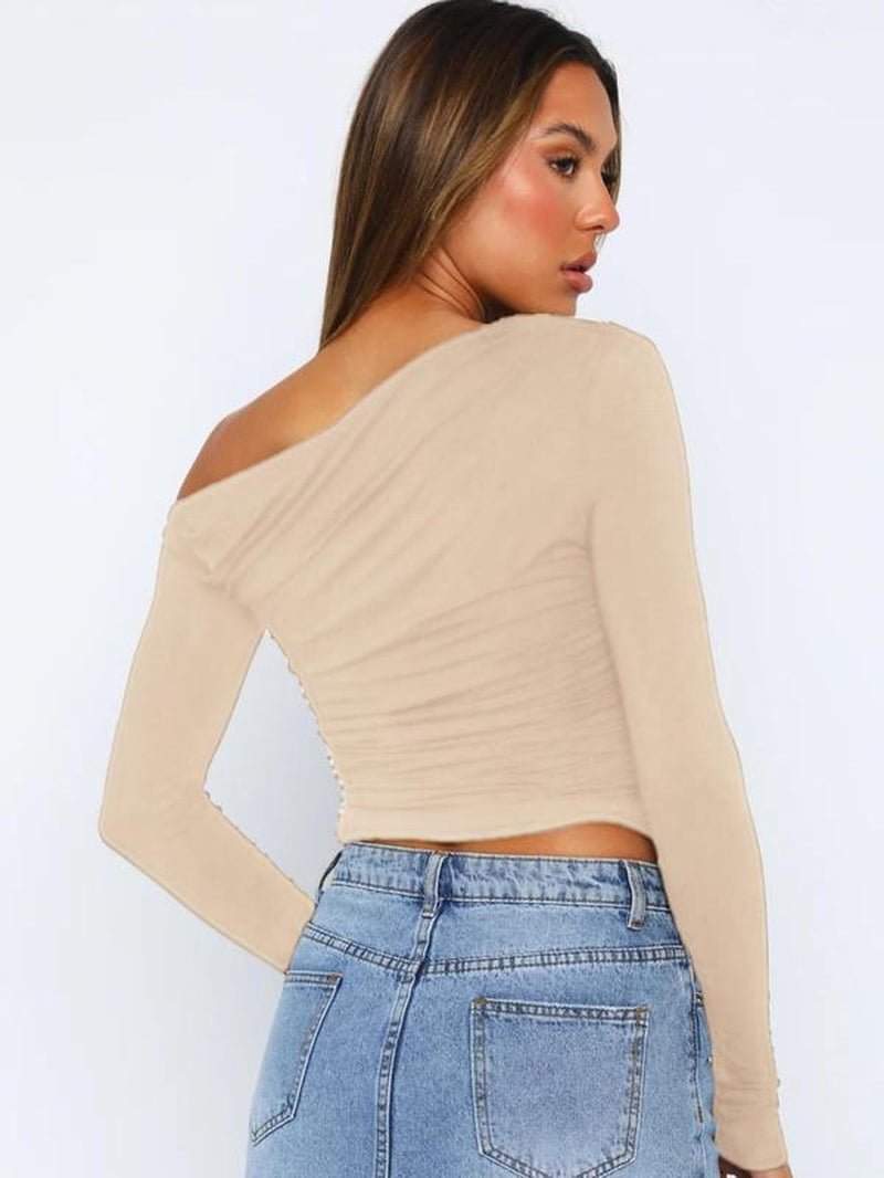 Women'S Plain Ruched Asymmetrical Neck Crop Tee, Elegant Top, Fashion Long Sleeve T-Shirt for Daily Outdoor Wear, Women Clothing for Fall & Winter - Bela Fils BoutiqueBela Fils Boutique